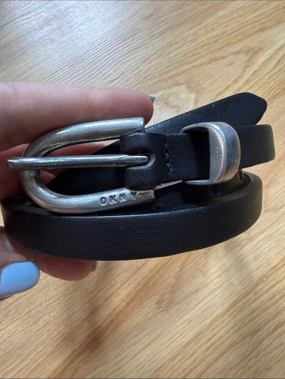 Vintage DKNY Classic Black Leather Slim Belt Silver Buckle Made in USA Small